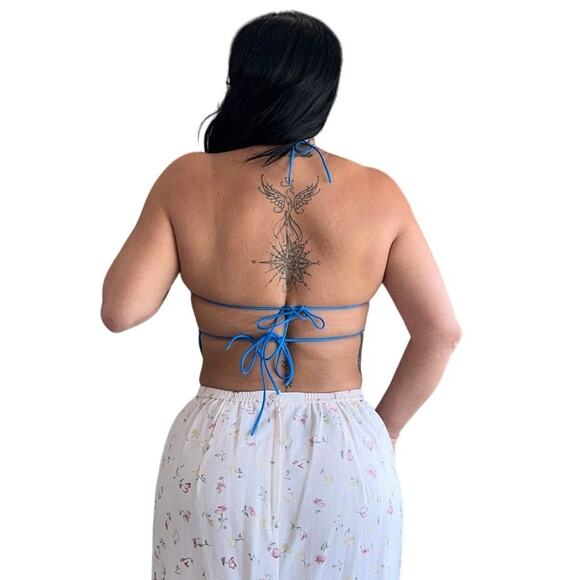 Blue Halter Tie Back Crop Top Y2K Cut Out Festival Clubwear Sexy Open Back - Picture 2 of 4